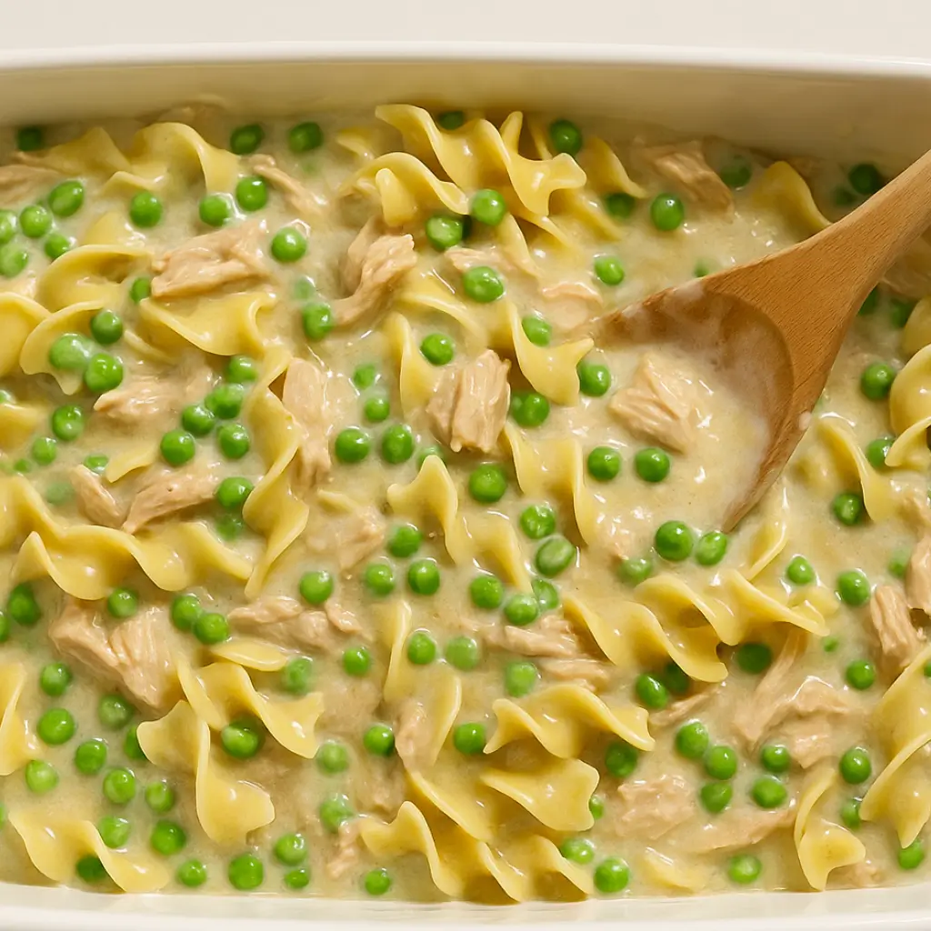 Unbaked tuna casserole recipe with noodles, peas, tuna, and creamy sauce stirred in a white dish.