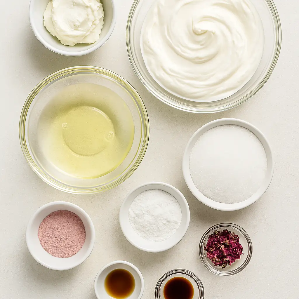 Flat-lay image of rose pavlova cake ingredients including egg whites, sugar, cream cheese, heavy cream, rose extract, cornstarch, and dried rose petals in bowls.