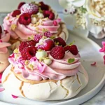 Three rose pavlova cakes topped with pink whipped cream and dried rose petals on a light pink surface