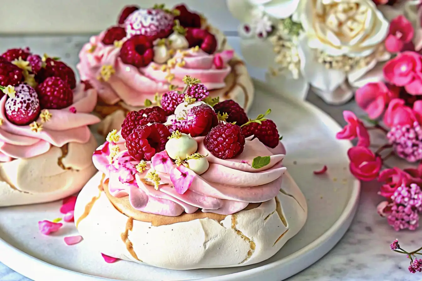 Three rose pavlova cakes topped with pink whipped cream and dried rose petals on a light pink surface