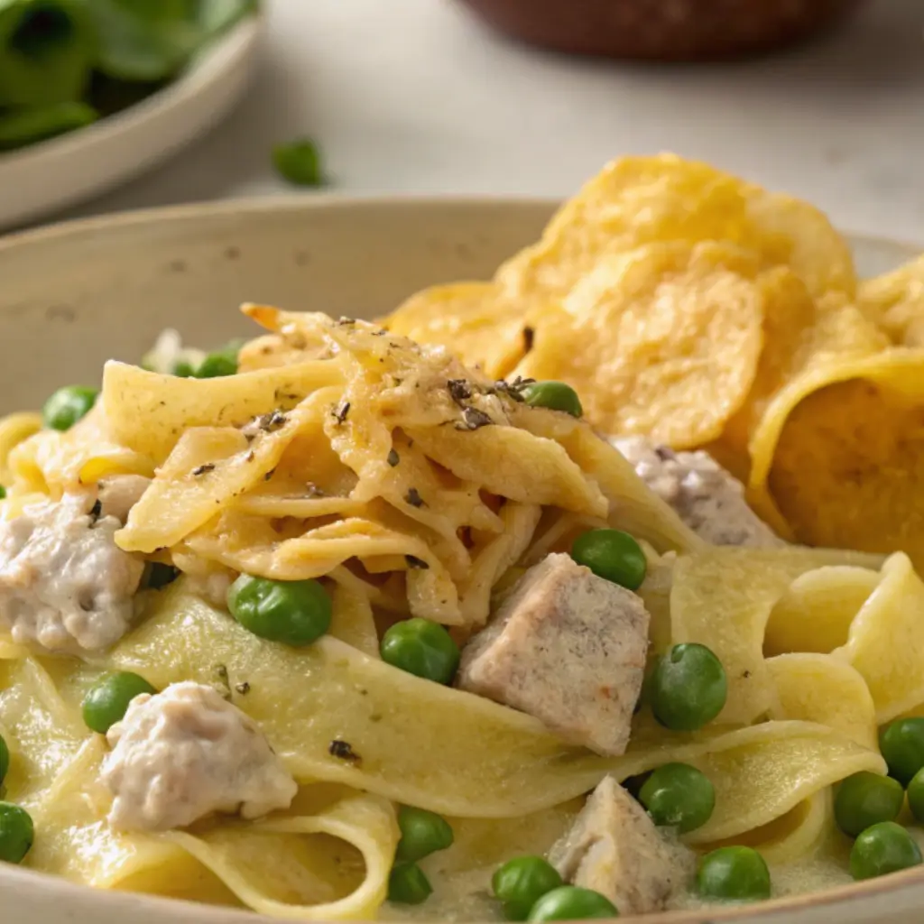 Plated tuna casserole recipe with noodles, peas, and crispy topping, served with fresh salad and bread on a beige plate.