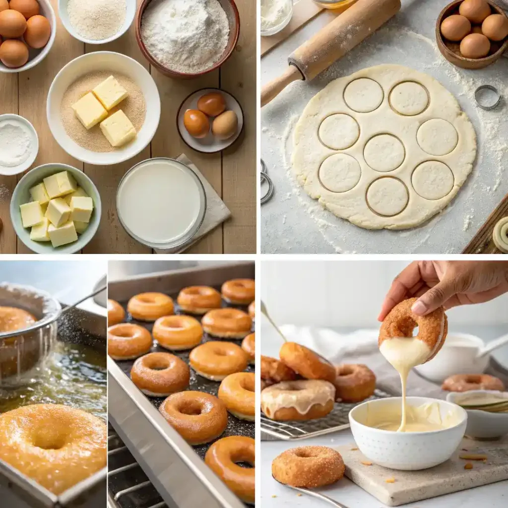 Collage showing step-by-step cake donut recipe with ingredients, dough shaping, frying donuts in oil, and glazing freshly cooked donuts.