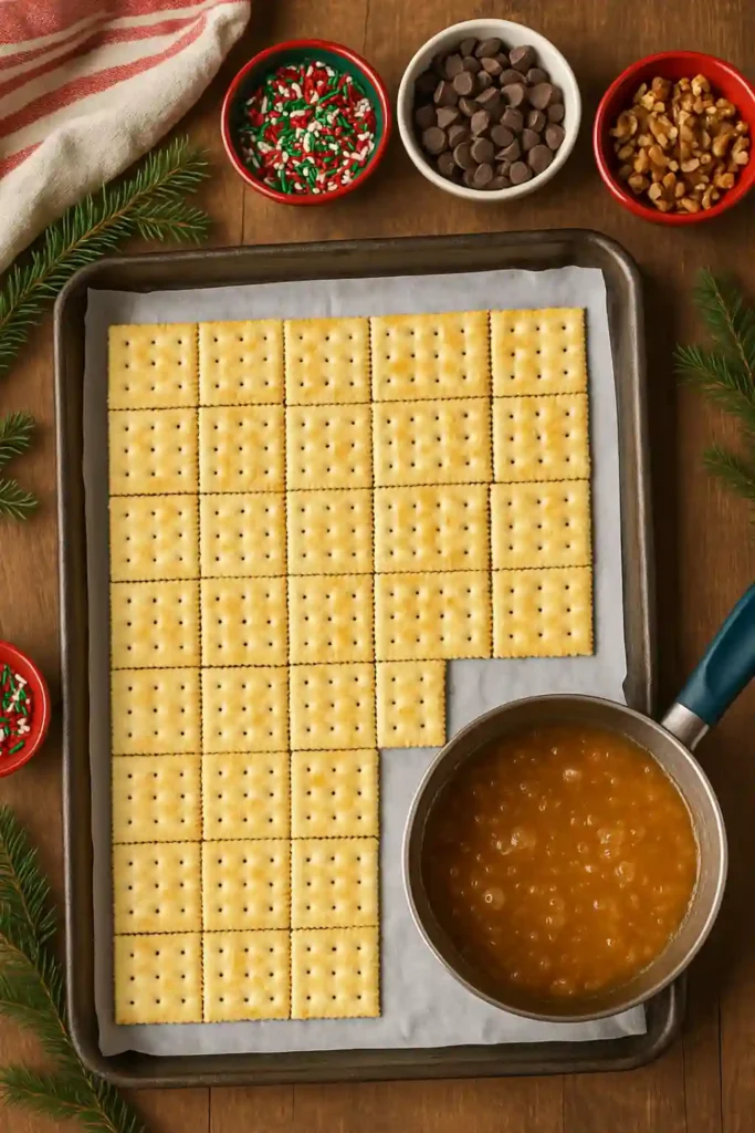 Christmas crack recipe in progress with saltine crackers, caramel sauce, and toppings.