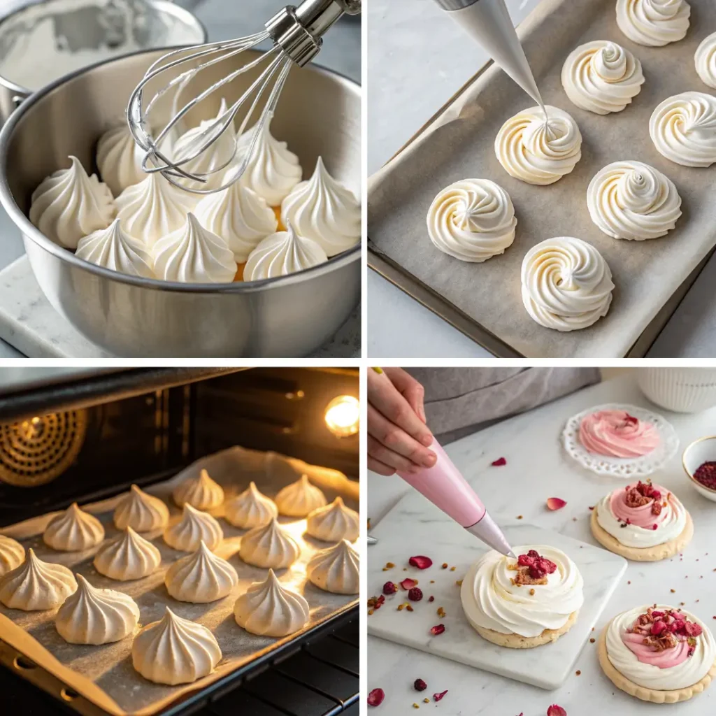 Step-by-step images showing how to make rose pavlova cakes, including whipped meringue, piping, baking, and decorating with whipped cream and rose petals.