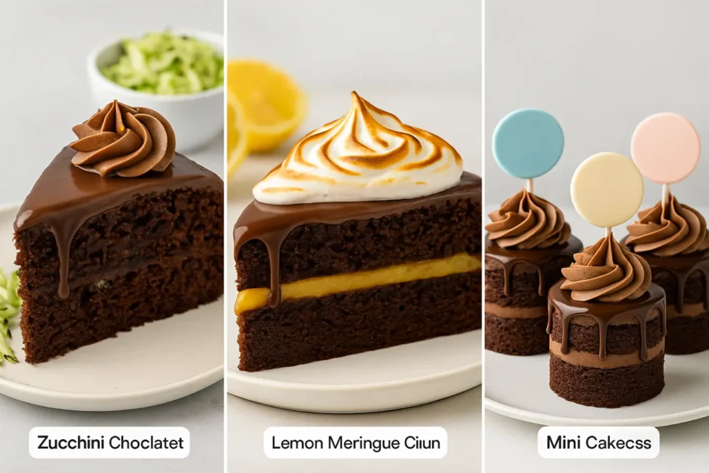 Triple Chocolate Cake Recipe variations — zucchini chocolate chip cake, lemon meringue chocolate cake, and mini triple chocolate cakes for baby showers.