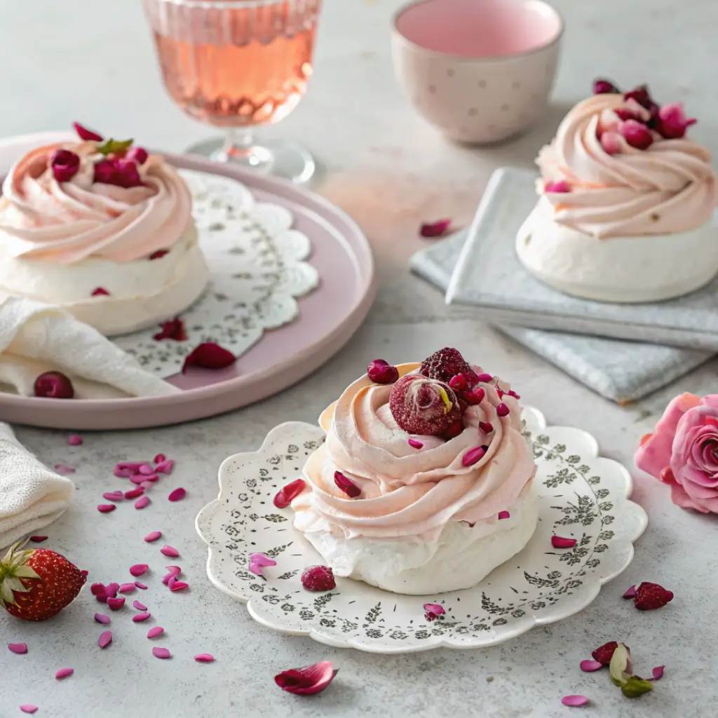Heart-shaped rose pavlova cakes with pink whipped cream, strawberry jam drizzle, and rose petals, styled for a romantic Valentine’s Day dessert.