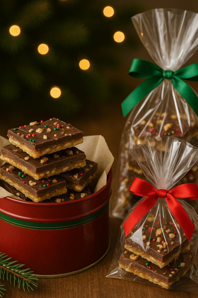 Squares of Christmas crack recipe with caramel, chocolate, and sprinkles on parchment.