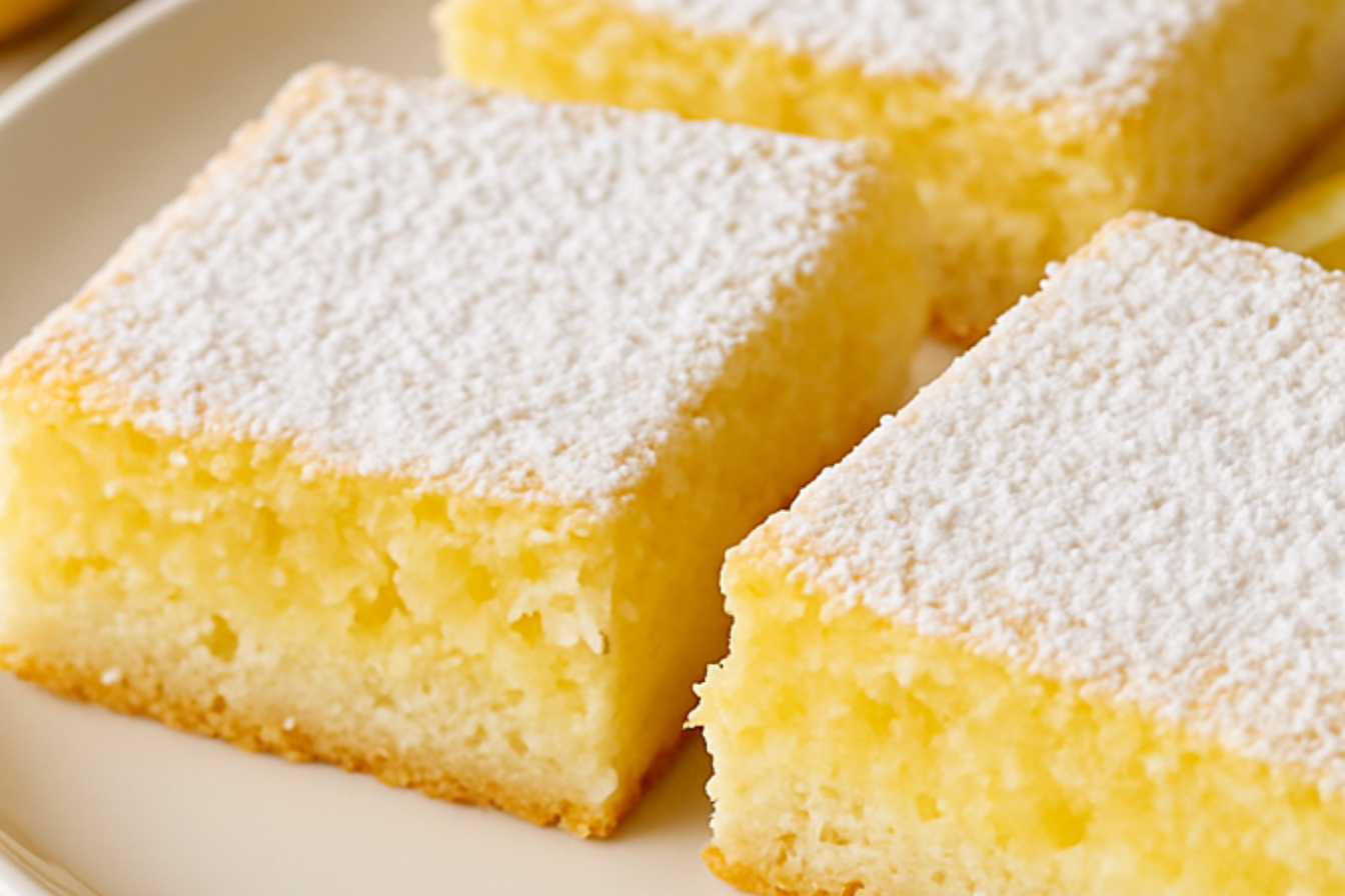 3 ingredient lemon bars angel food cake dusted with powdered sugar