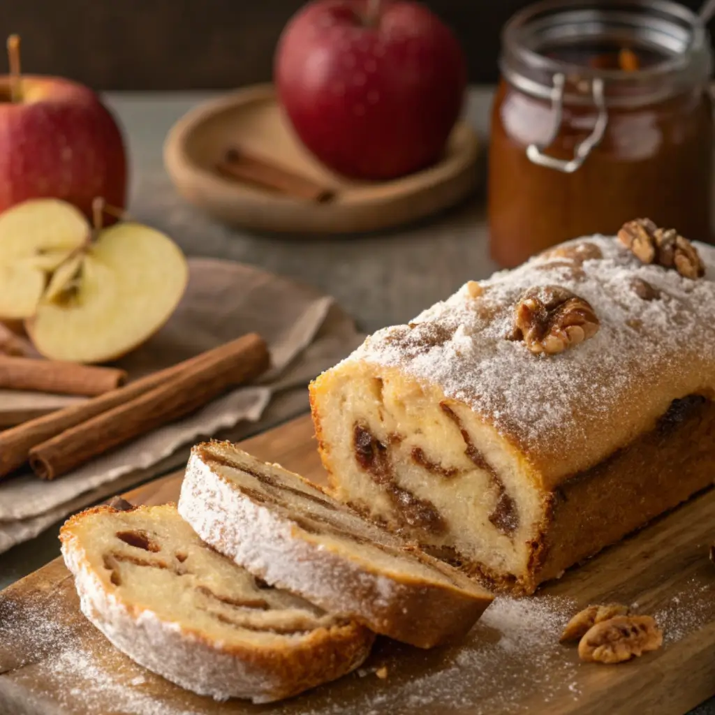 Sliced apple cinnamon bread on a wooden board, topped with powdered sugar and walnuts, with apples, cinnamon sticks, and jam in the background — perfect fall cinnamon recipes