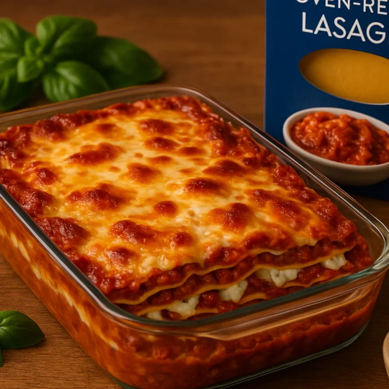 Barilla Lasagna Sheets How to Cook Barilla lasagna sheets how to cook – freshly baked Barilla oven-ready lasagna in a glass dish with golden melted cheese, rich tomato sauce, and visible layers of pasta beside a Barilla Lasagne box and fresh basil on a rustic wooden table.