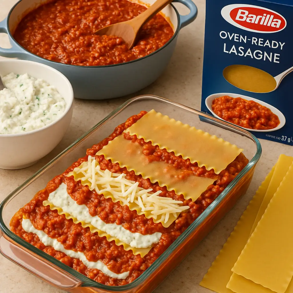 Barilla lasagna sheets how to cook illustrated with a glass baking dish layered with Barilla oven-ready lasagna sheets, rich tomato meat sauce, ricotta, and mozzarella cheese, next to a Barilla Lasagne box and bowls of sauce ingredients