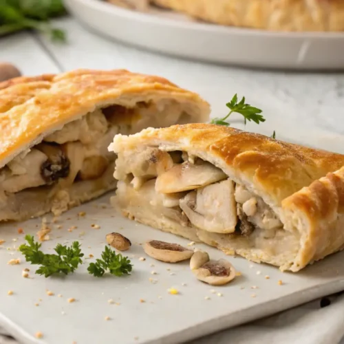 Golden-baked chicken mushroom pastry filled with creamy chicken, sautéed mushrooms, and herbs on a white board.