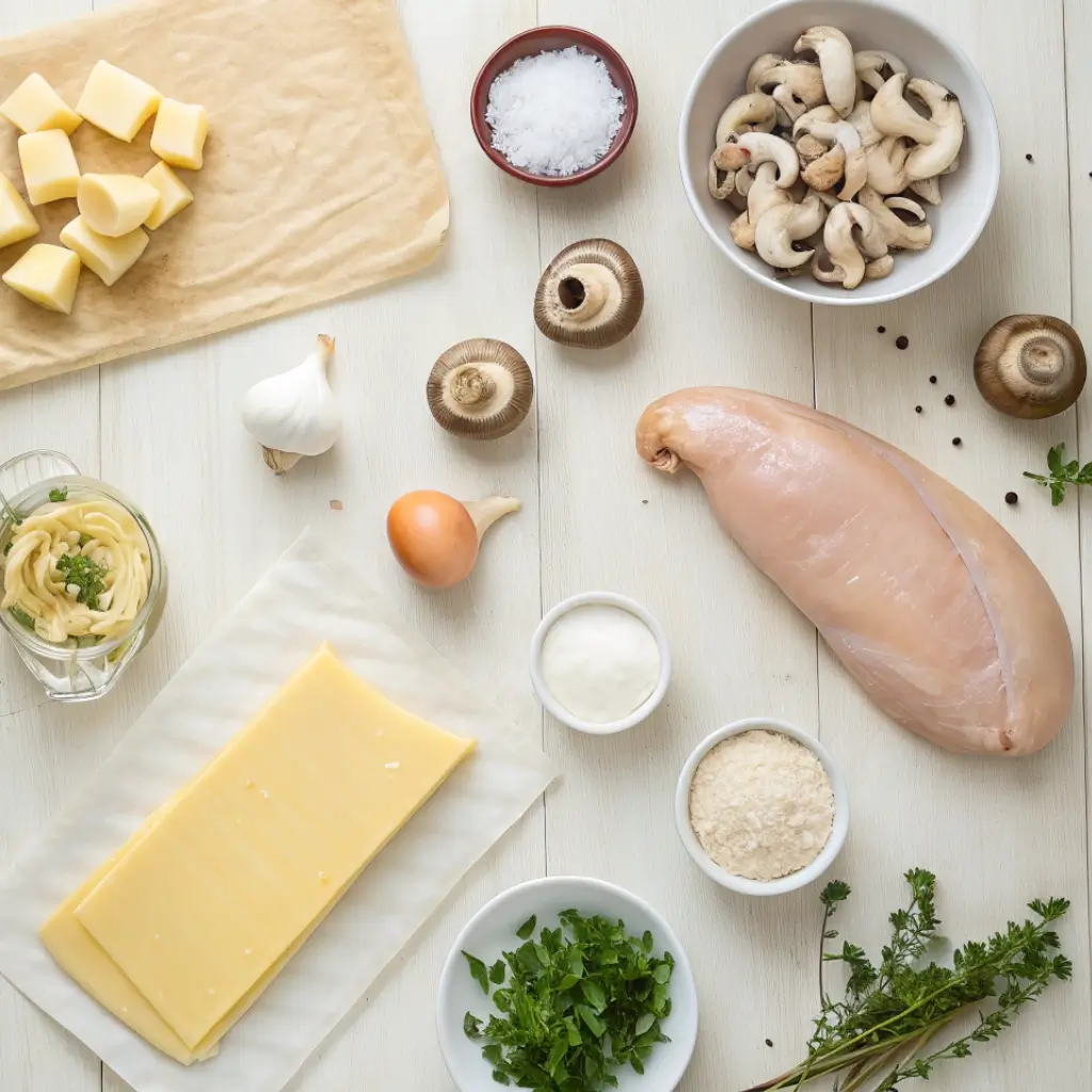 Fresh ingredients for Chicken Mushroom Pastry including chicken breast, mushrooms, puff pastry, butter, garlic, onion, cream, and herbs arranged on a white table.