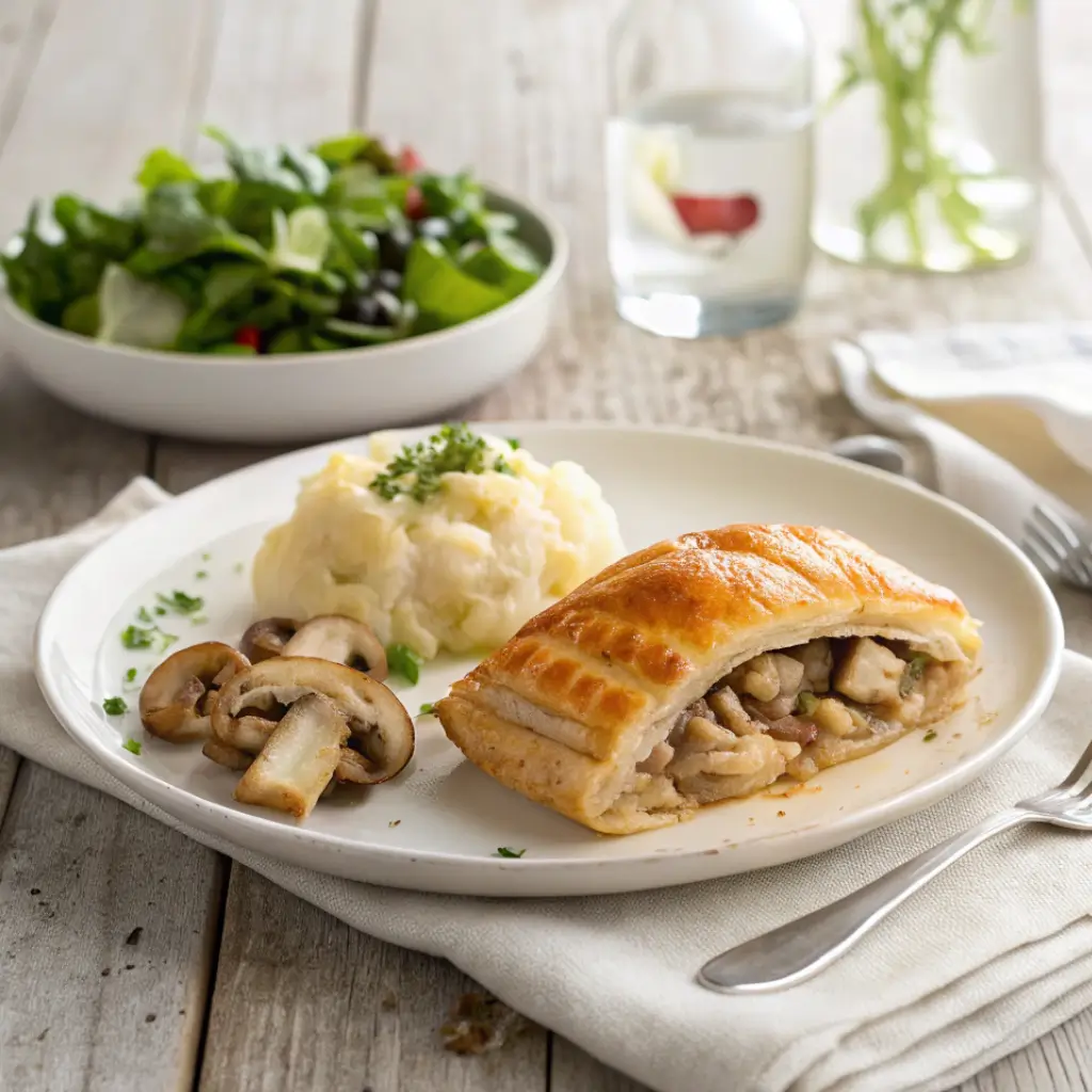 Golden Chicken Mushroom Pastry served with creamy mashed potatoes, sautéed mushrooms, and a fresh green salad on a rustic wooden table.