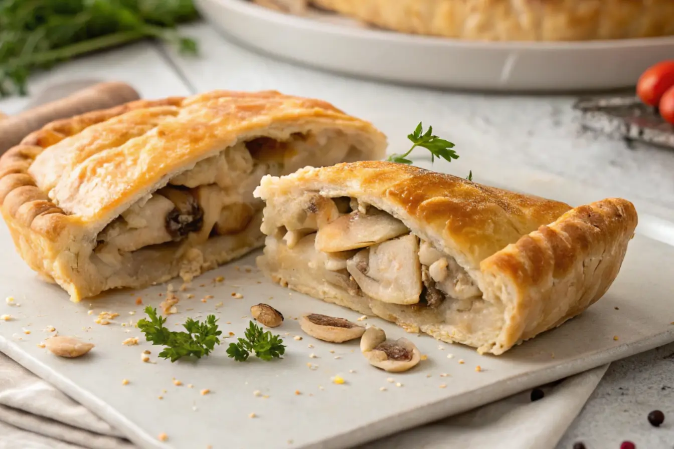 Golden-baked chicken mushroom pastry filled with creamy chicken, sautéed mushrooms, and herbs on a white board.