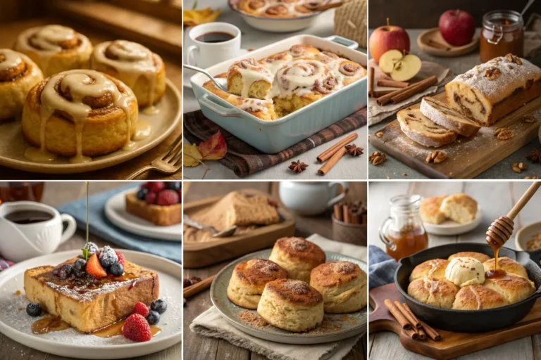 The 10 Best Cinnamon Recipes That Feel Like Fall in Every Bite A cozy fall-themed collage of cinnamon recipes including cinnamon rolls, apple cinnamon bread, cinnamon roll breakfast casserole, cinnamon scones, skillet biscuits, and French toast with berries and syrup.