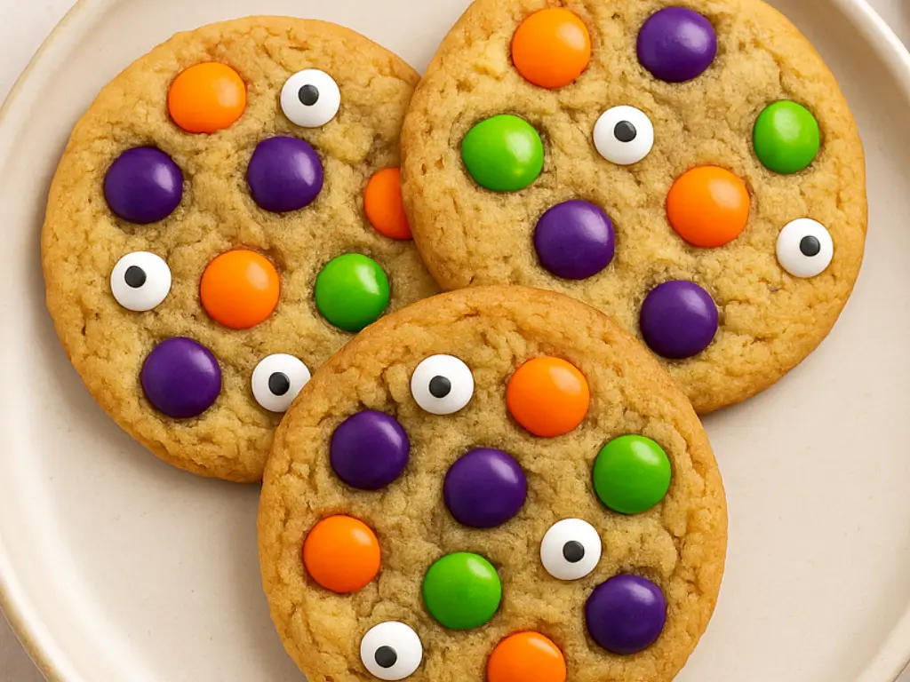 Classic Halloween cookies with candy eyes and colorful M&Ms served on a ceramic plate with soft napkin background