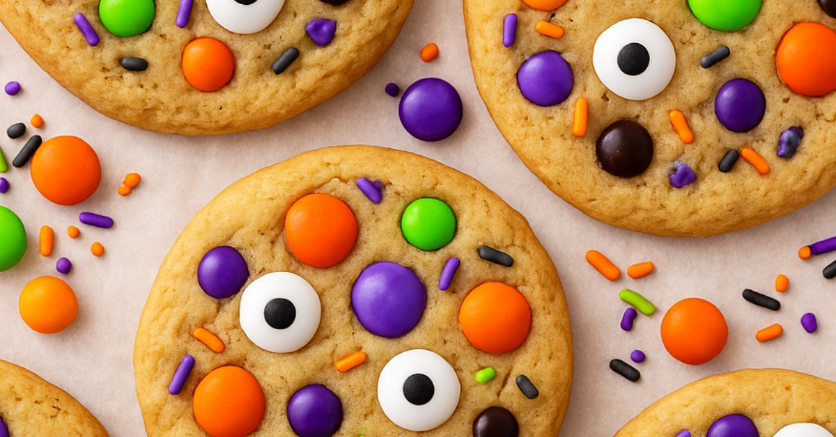 Classic Halloween cookies decorated with candy eyes, Halloween M&Ms, and colorful sprinkles on parchment paper