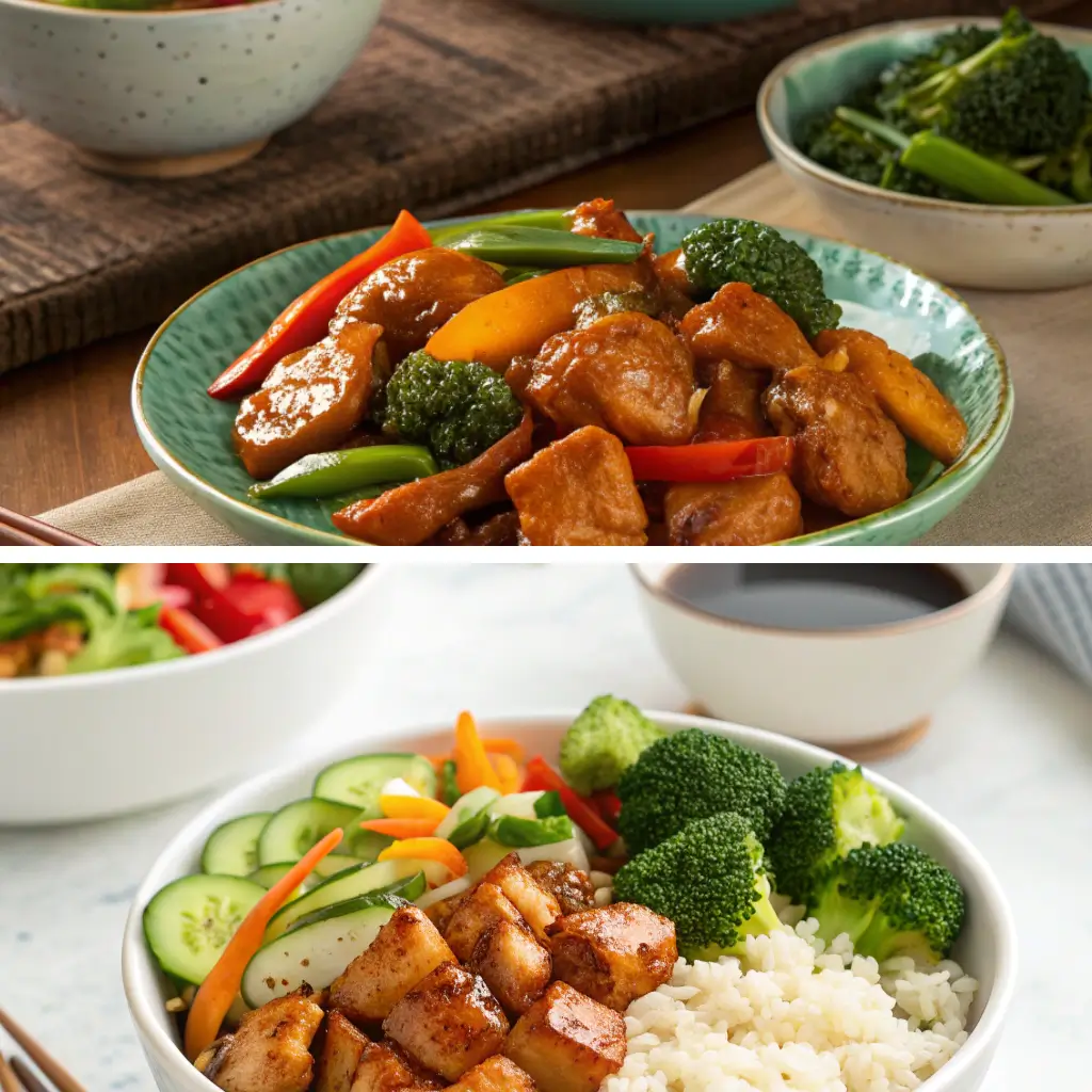 Bourbon chicken served with stir-fried vegetables and a healthy bowl with rice, broccoli, and cucumber salad.