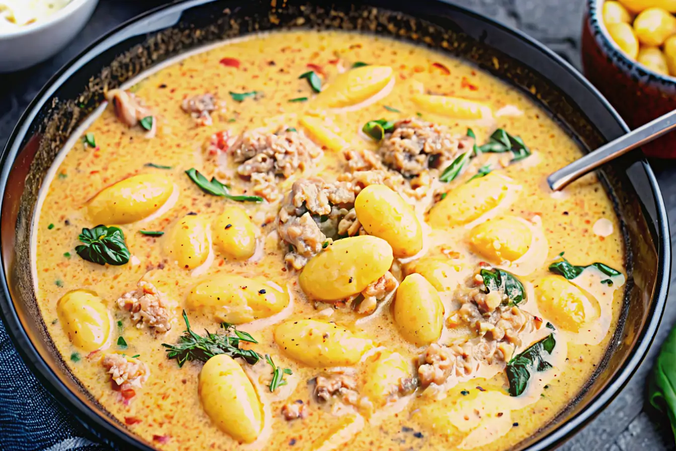 Creamy Italian sausage gnocchi soup with spinach and herbs in a black bowl, garnished with fresh basil and cracked pepper.