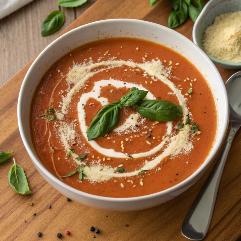Creamy Tomato Basil Soup Recipe Creamy tomato basil soup topped with a swirl of cream, fresh basil leaves, and grated Parmesan in a white bowl