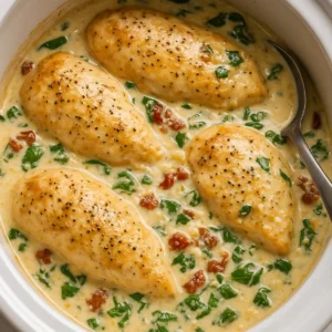 Crockpot Tuscan Chicken in a white slow cooker with creamy garlic parmesan sauce, sun-dried tomatoes, and spinach