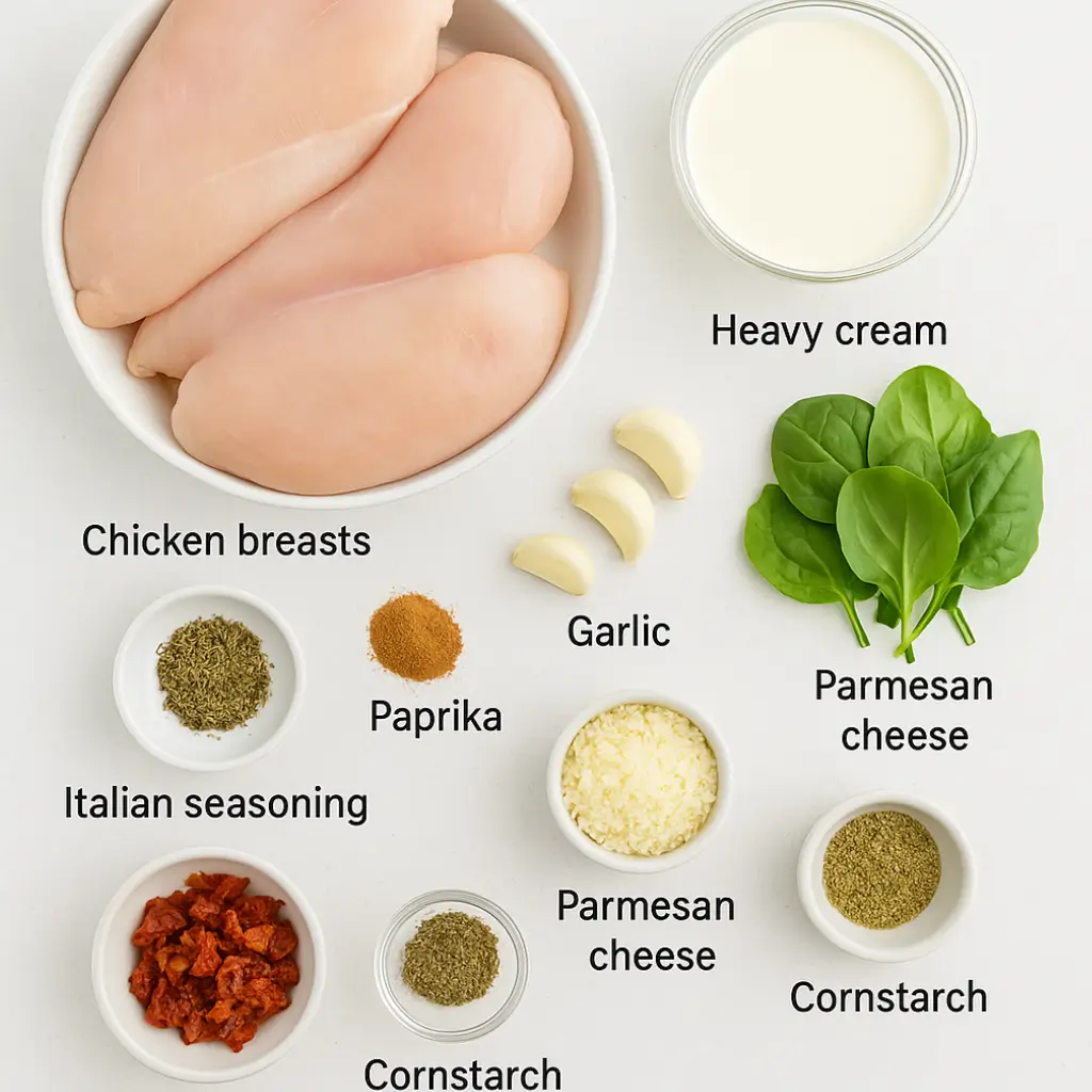 Crockpot Tuscan Chicken ingredients including chicken breasts, heavy cream, garlic, sun-dried tomatoes, spinach, and parmesan, clearly labeled on a white surface