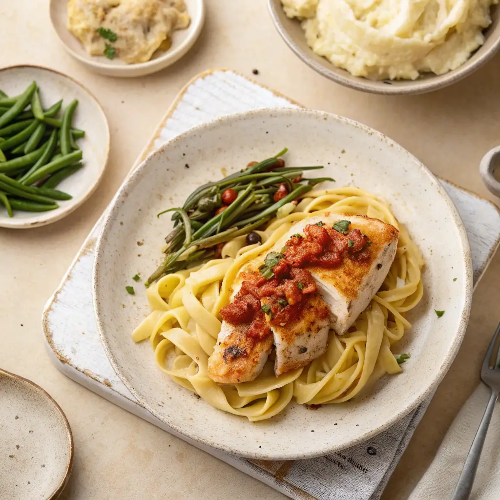 Crockpot Tuscan Chicken served over fettuccine with creamy garlic mashed potatoes and roasted green beans on ceramic plates