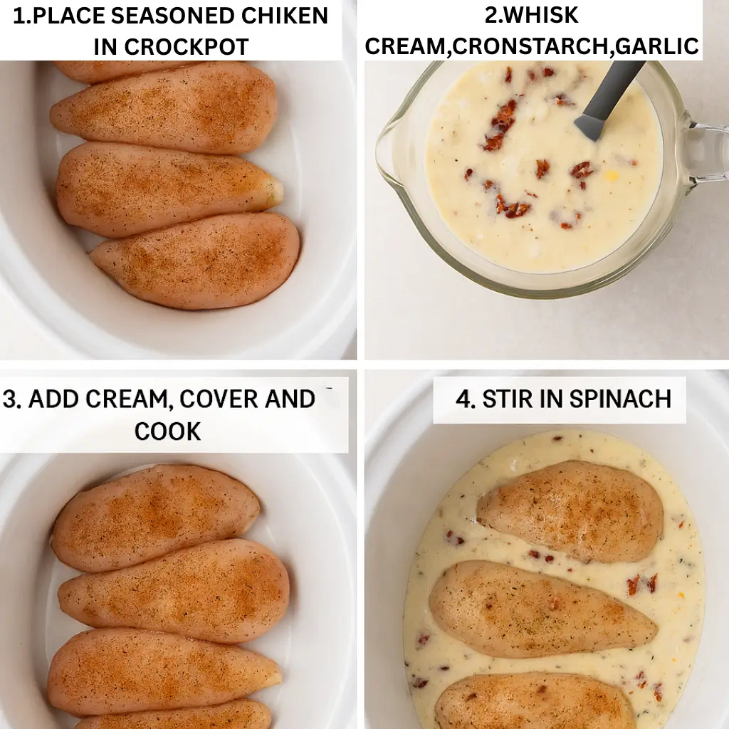 Step-by-step Crockpot Tuscan Chicken preparation showing four clear cooking stages: seasoning chicken, whisking cream sauce, slow cooking, and adding spinach.