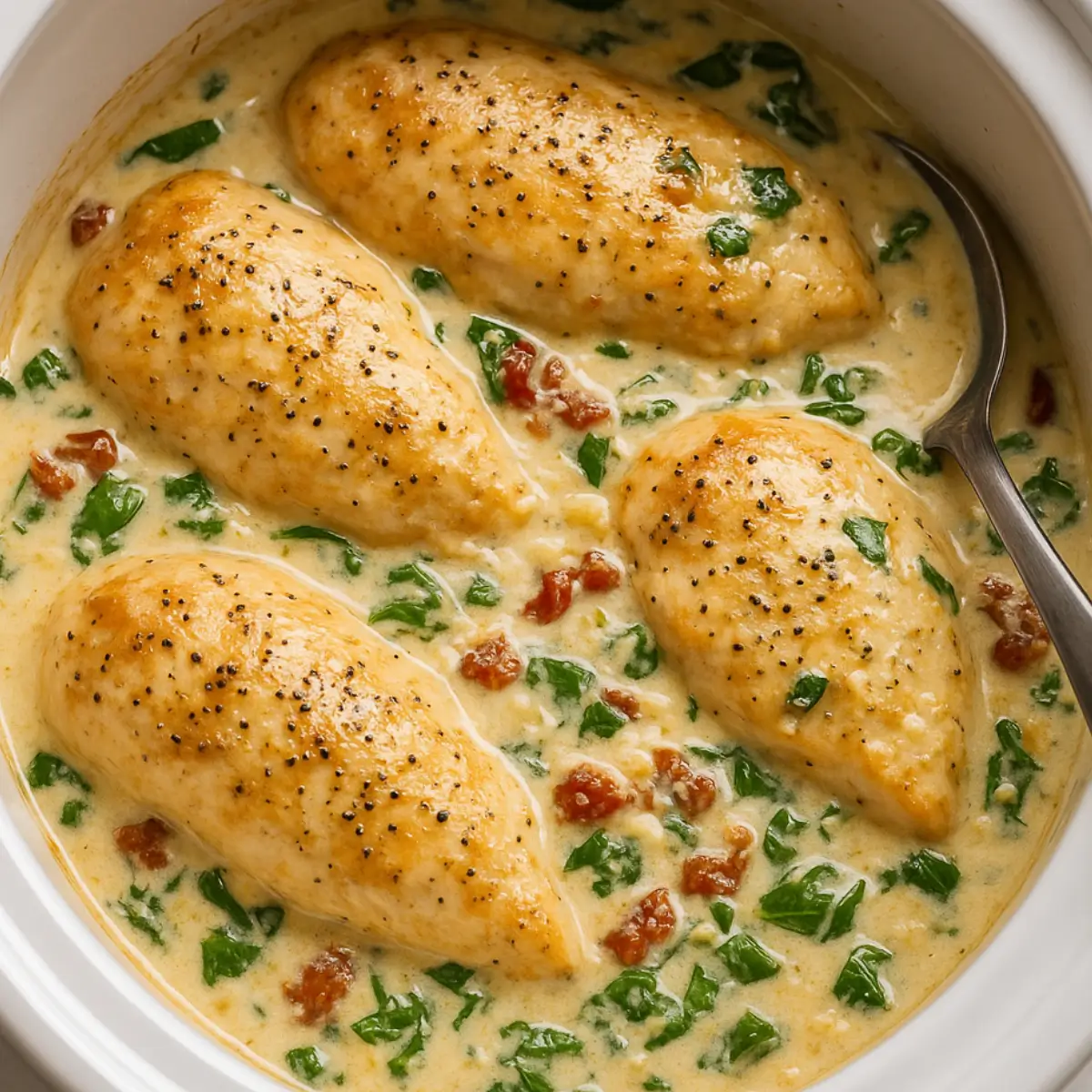 Crockpot Tuscan Chicken in a white slow cooker with creamy garlic parmesan sauce, sun-dried tomatoes, and spinach