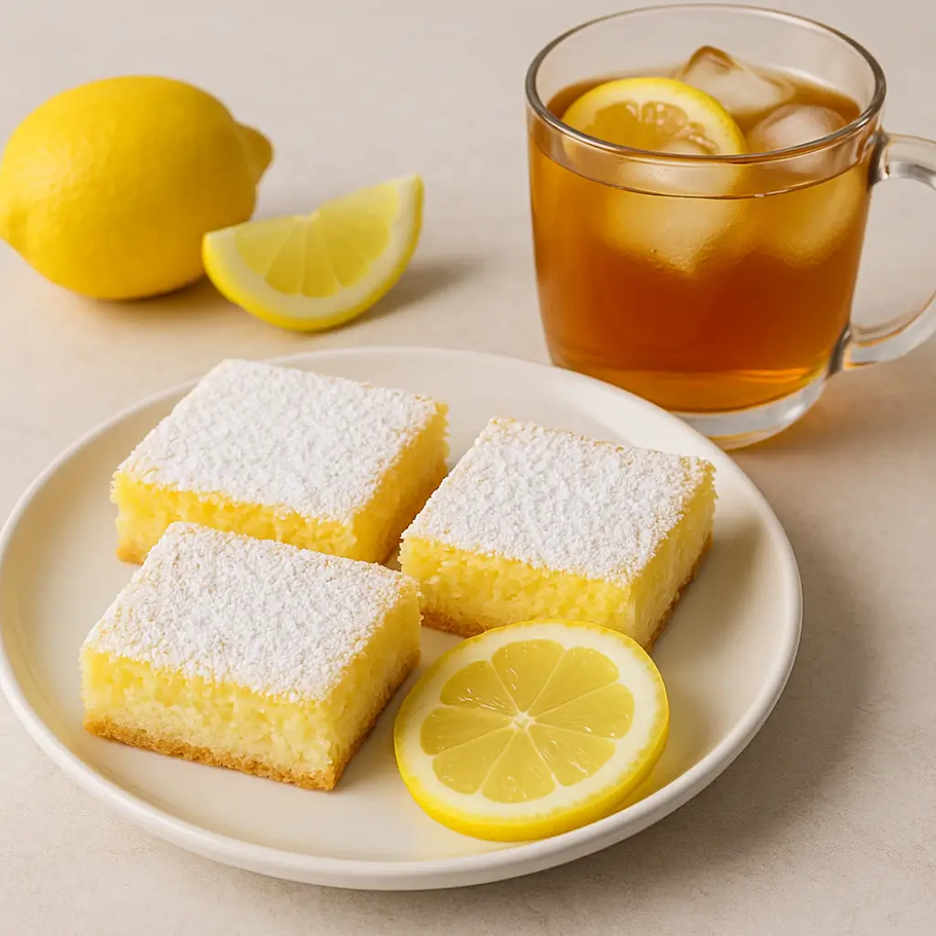 3 ingredient lemon bars angel food cake served with lemon slices and iced tea