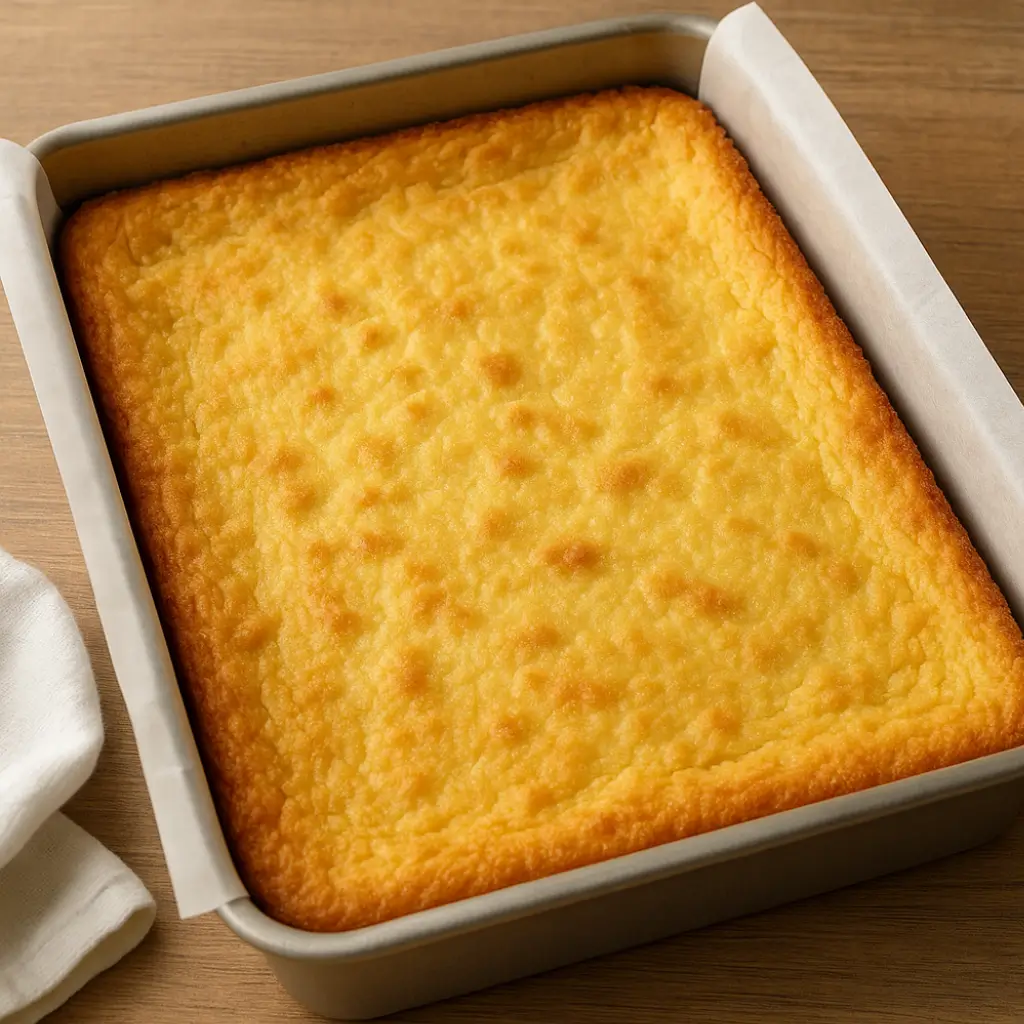 Golden baked 3 ingredient lemon bars angel food cake cooling in a baking pan