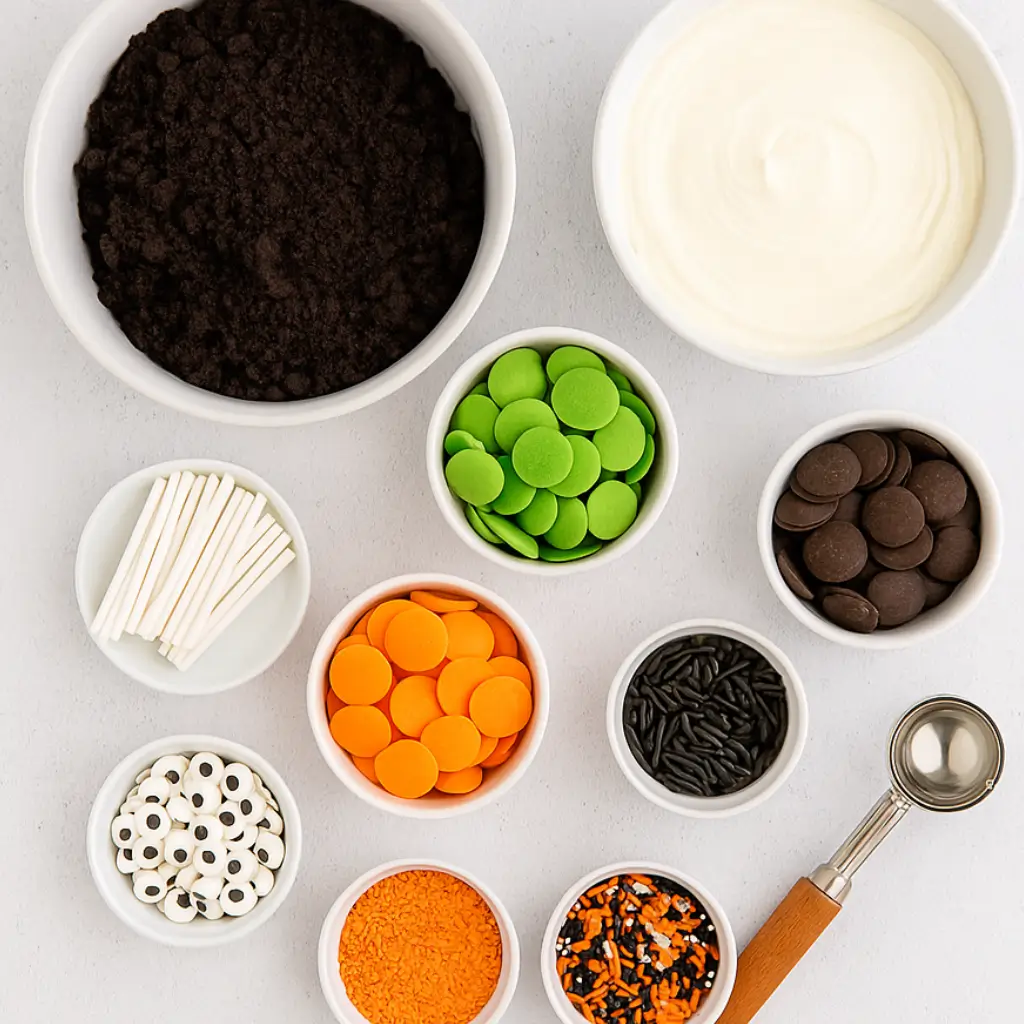 Halloween cake pops ingredients arranged in white bowls, including candy melts, frosting, cookie crumbs, sprinkles, candy eyes, and lollipop sticks.