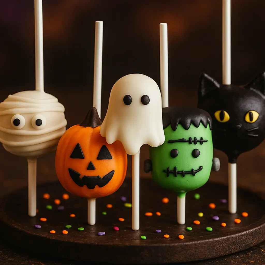 Halloween cake pops served on a spooky board with pumpkin, ghost, mummy, Frankenstein, and black cat designs.