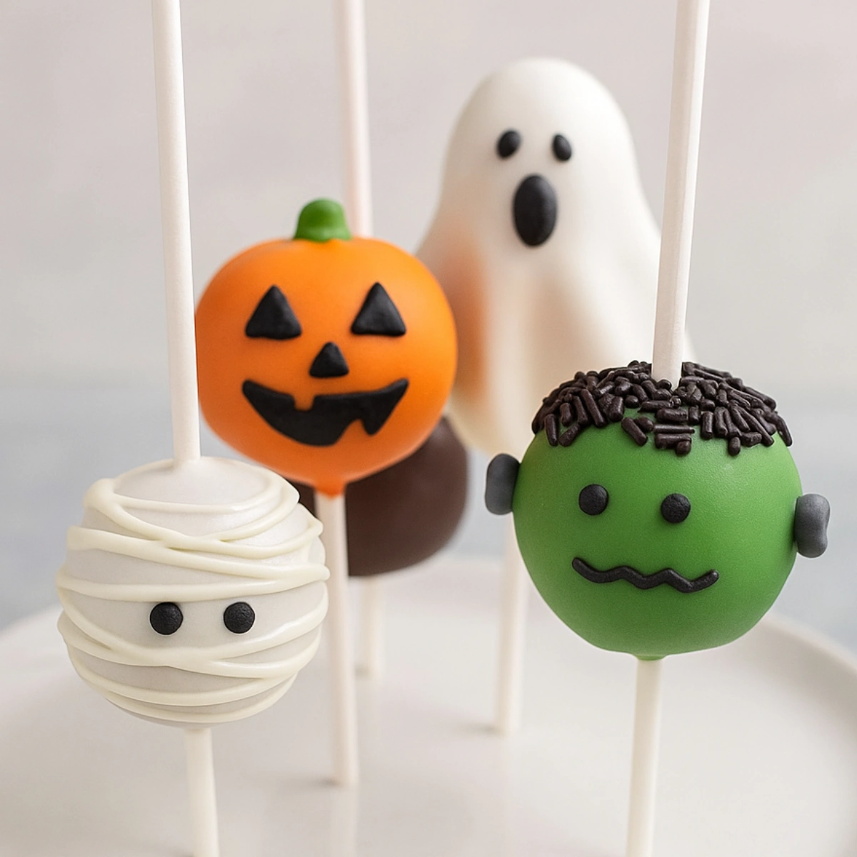 Four Halloween cake pops decorated as a mummy, pumpkin, ghost, and monster, arranged on a white plate with a soft neutral background.
