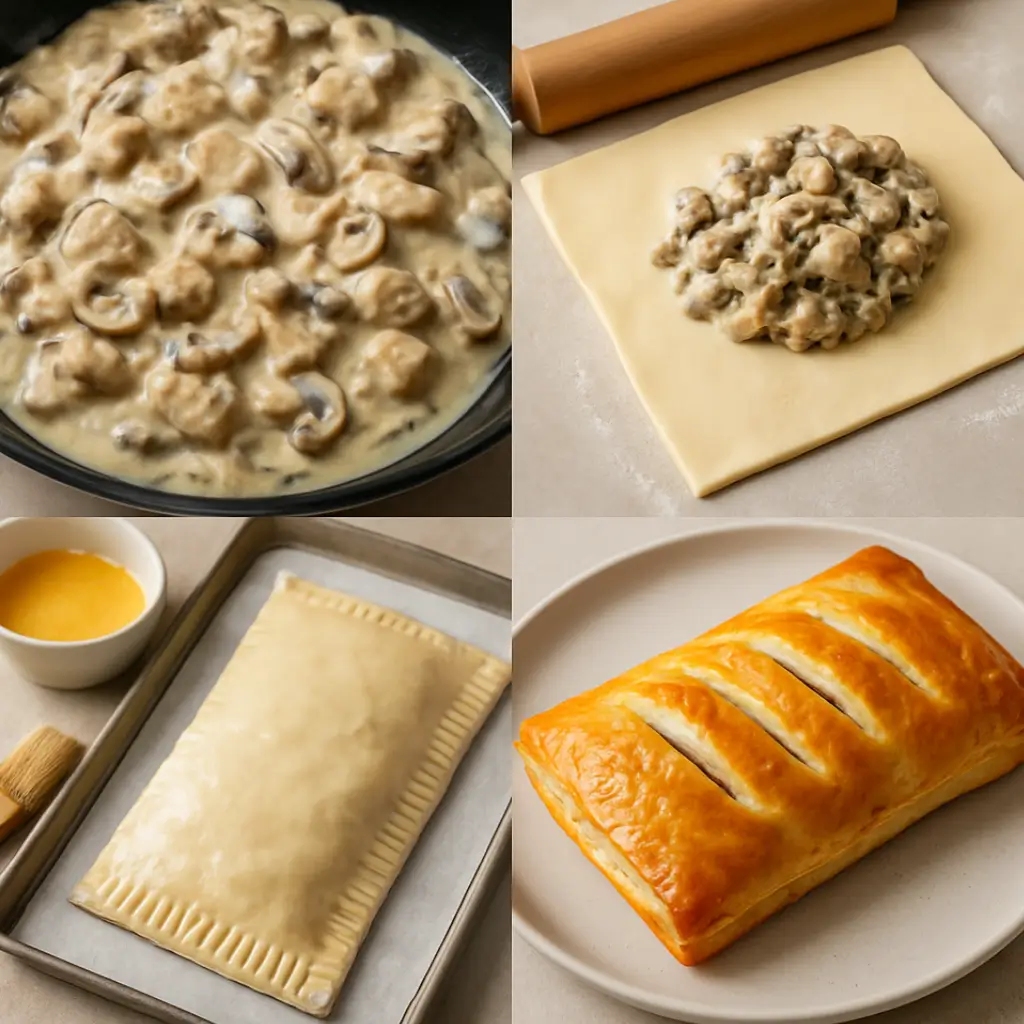Step-by-step process of making Chicken Mushroom Pastry — from creamy chicken mushroom filling to golden baked puff pastry.