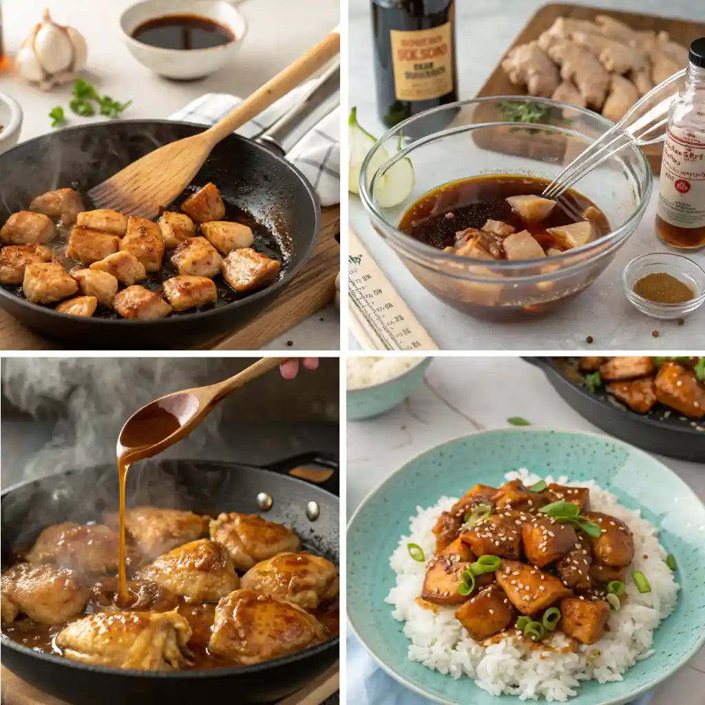 Step-by-step bourbon chicken recipe showing seared chicken, bourbon sauce prep, glazing, and the finished dish over rice with sesame seeds.