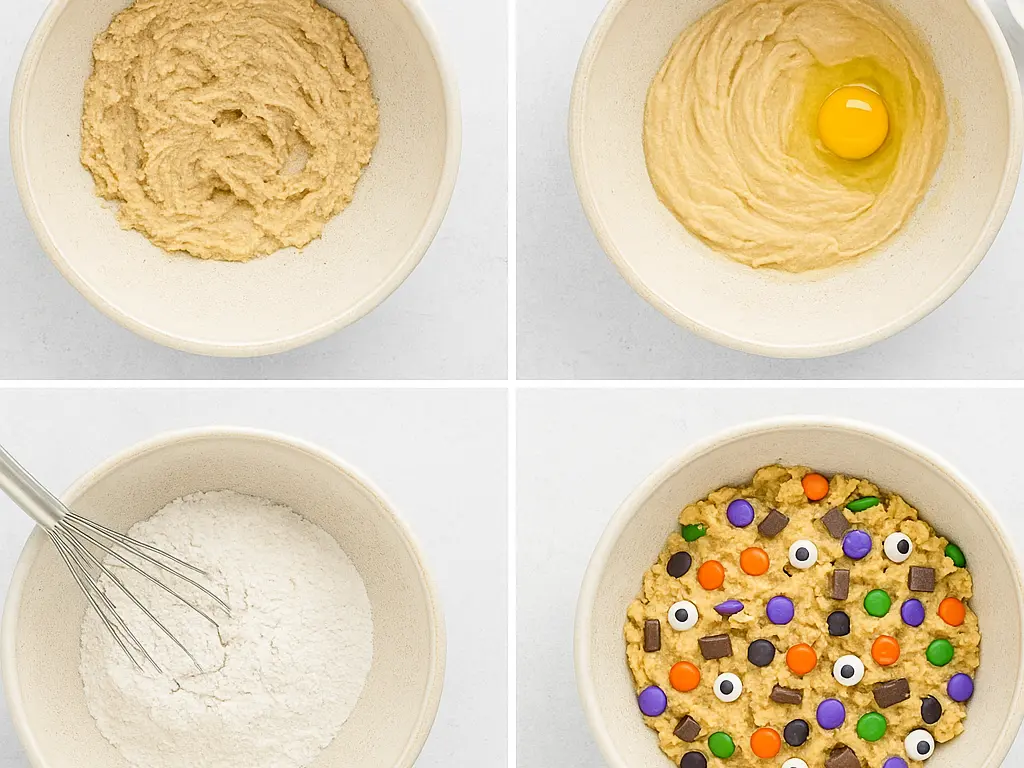 Step-by-step photo grid showing how to make classic Halloween cookies with butter, egg, dry ingredients, and candy mix-ins