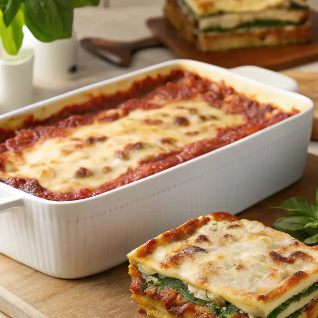 Two freshly baked lasagnas on a rustic kitchen counter — one traditional Barilla meat lasagna with melted cheese and tomato sauce, and one colorful vegetable lasagna with spinach, zucchini, and ricotta — surrounded by a box of Barilla Lasagna Sheets, fresh basil, and grated Parmesan under warm natural light