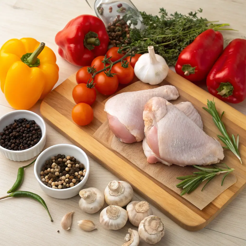 Fresh ingredients for chicken cacciatore including chicken thighs, tomatoes, bell peppers, mushrooms, garlic, and herbs on a wooden counter