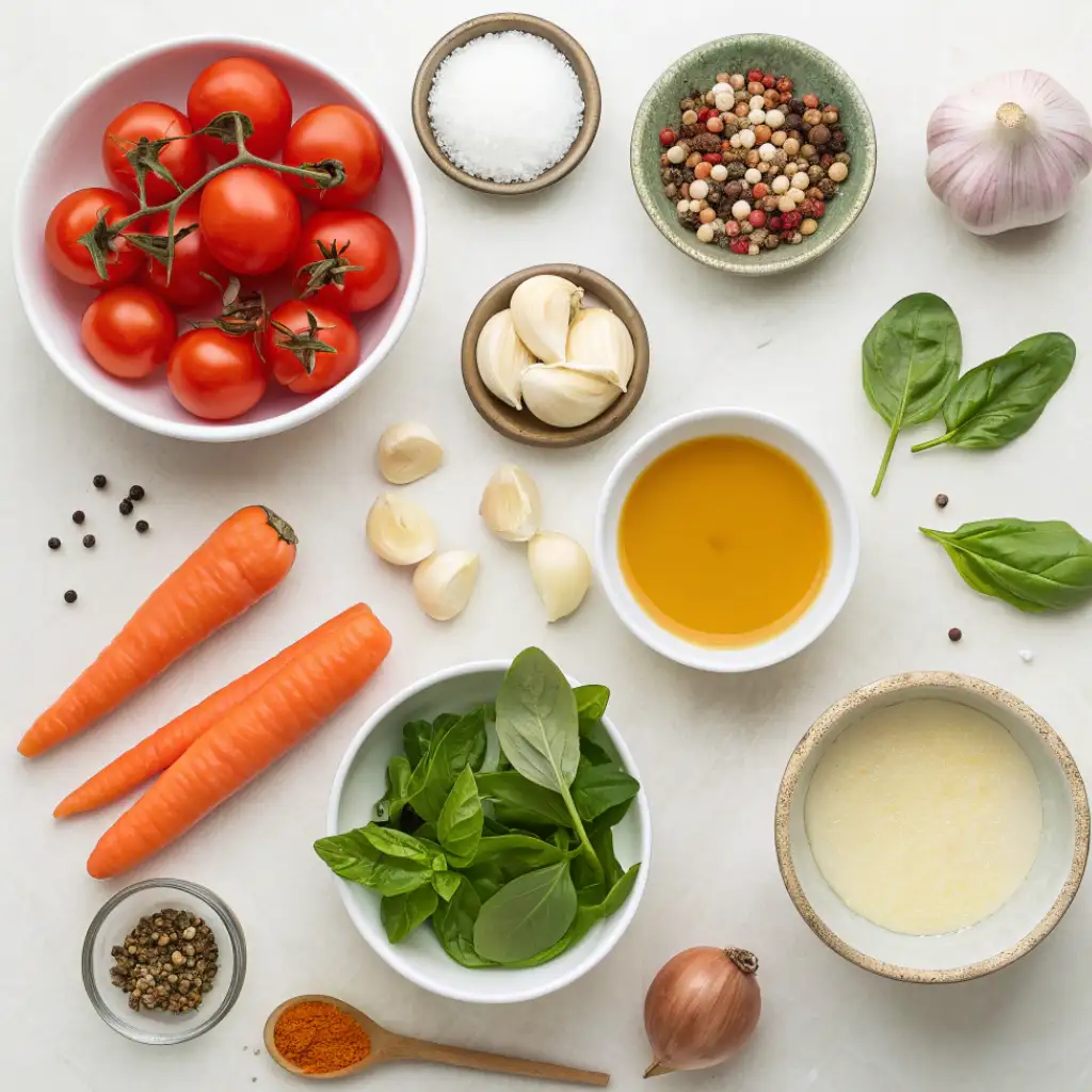 Flat lay of creamy tomato basil soup ingredients including Roma tomatoes, fresh basil, garlic, onion, cream, broth, and seasonings