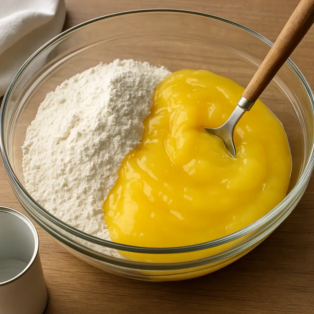 Angel food cake mix and lemon pie filling being combined for 3 ingredient lemon bars angel food cake