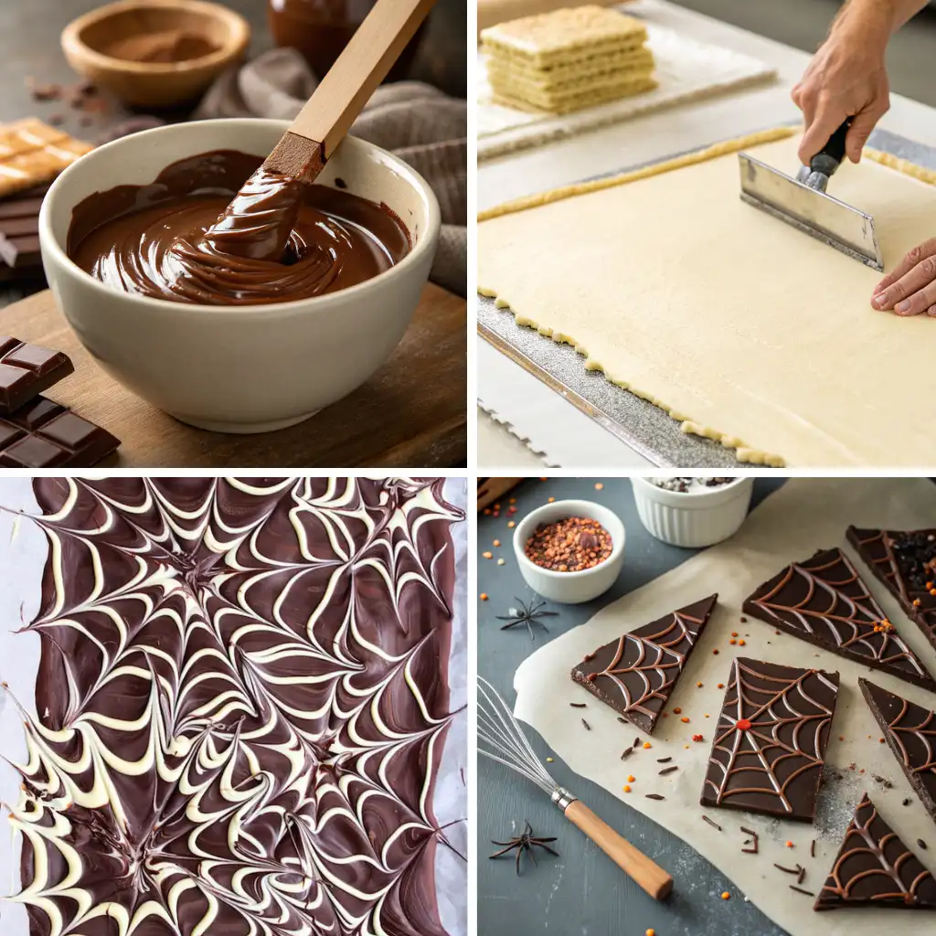 Spiderweb chocolate bark recipe steps showing melted chocolate in a bowl, spreading the chocolate layer, drawing the spider web pattern with white chocolate, and finished Halloween chocolate bark pieces with sprinkles.