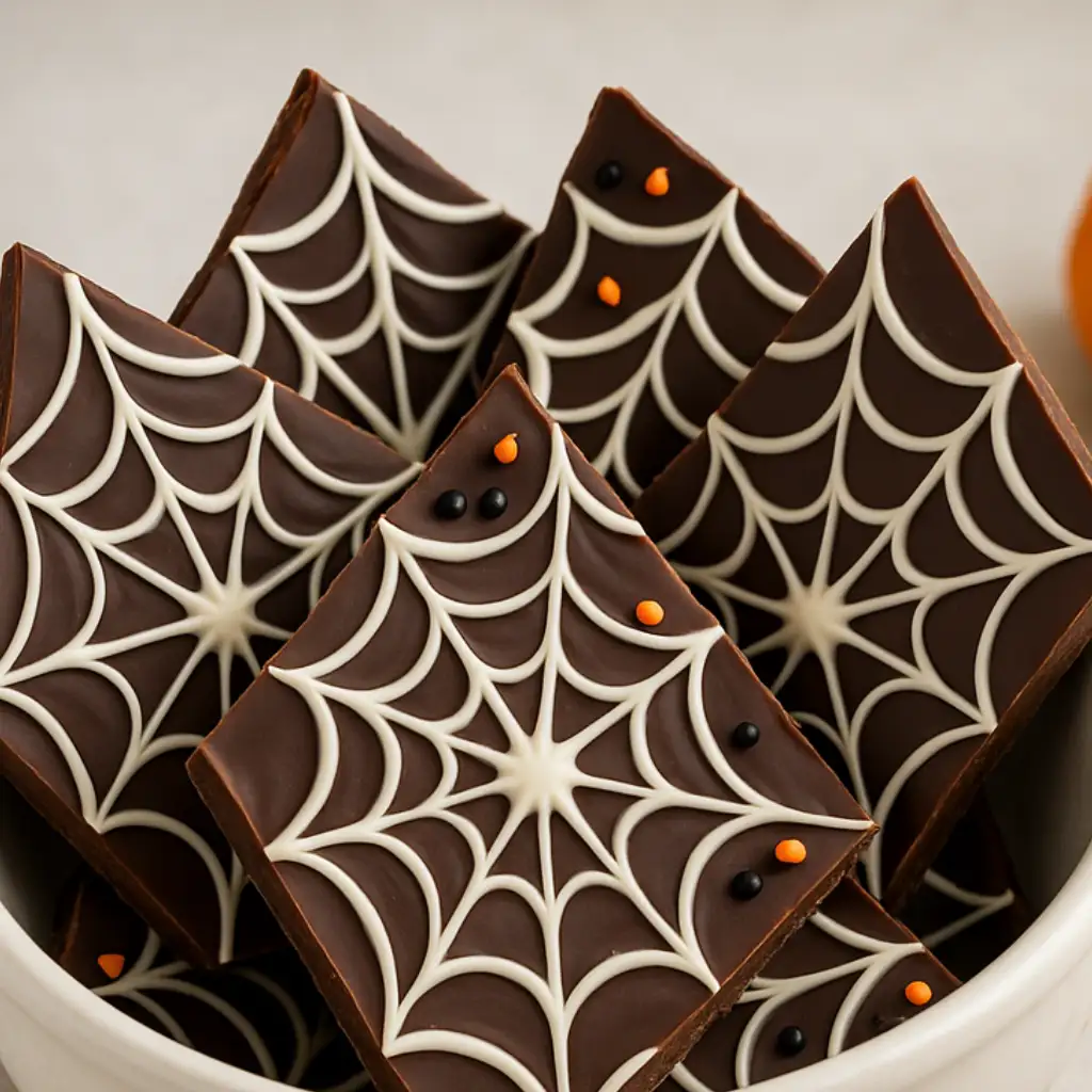 Spiderweb chocolate bark recipe served in a creamy white bowl with glossy dark chocolate pieces and white chocolate spiderwebs, decorated with Halloween sprinkles.