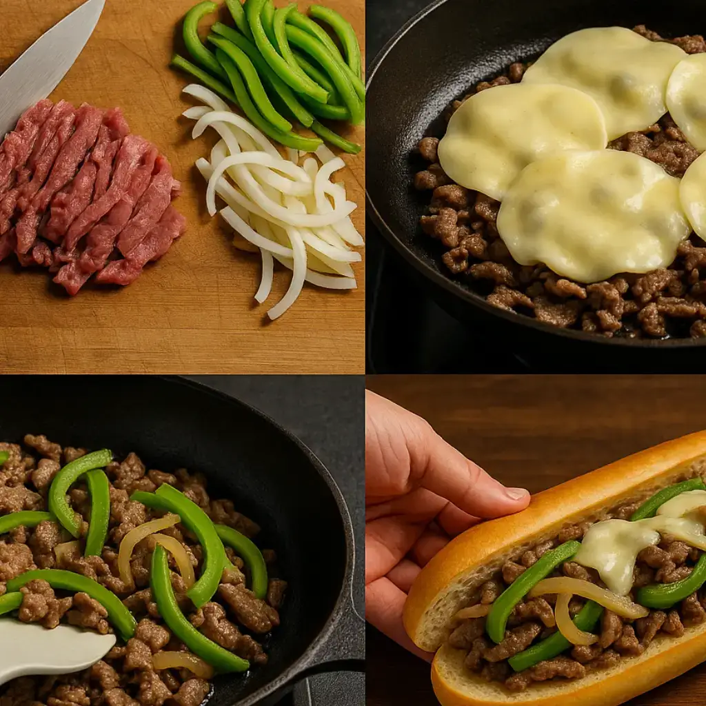 Collage showing how to make a Philly Cheesesteak Recipe from slicing ribeye to melting cheese and assembling the sandwich.