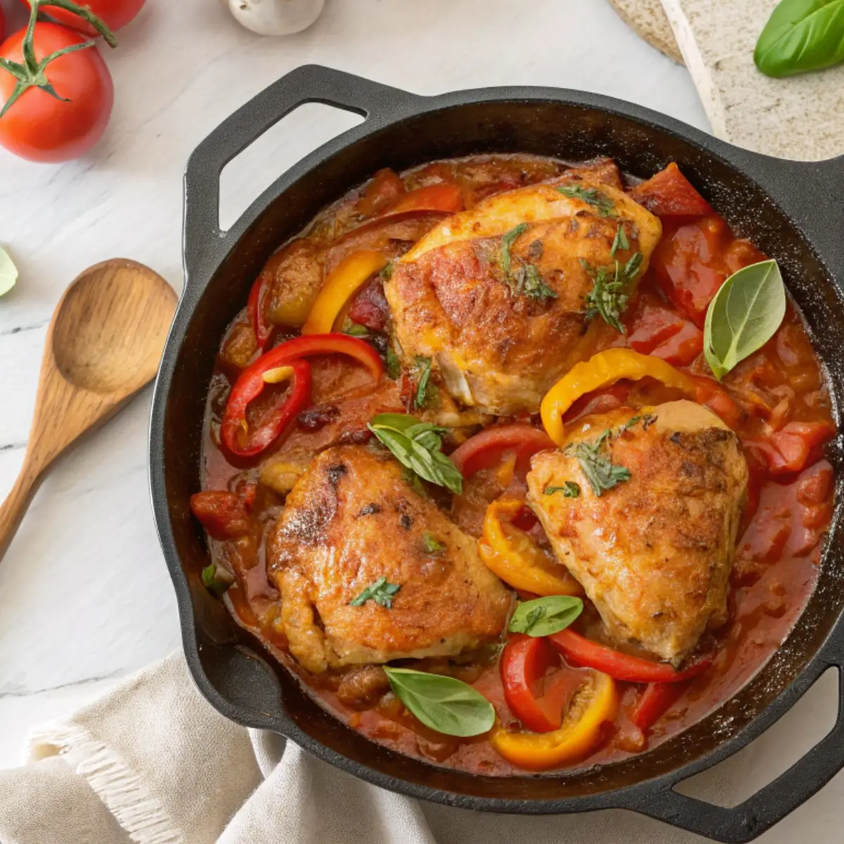 Skillet of Chicken Cacciatore simmering in tomato sauce with red and yellow bell peppers, herbs, and garlic, topped with golden-brown chicken thighs and fresh basil for a rustic Italian dinner