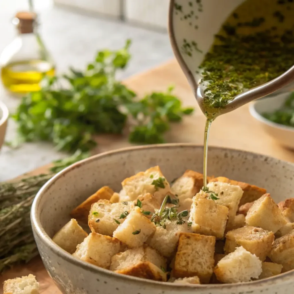 Broth and eggs being folded into the stuffing mixture for the best stuffing recipe.