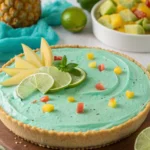 Baja Blast recipe Pie slice with graham cracker crust and lime zest on a white plate
