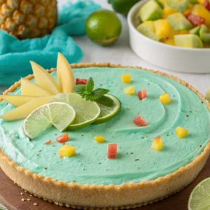 Baja Blast recipe Pie slice with graham cracker crust and lime zest on a white plate