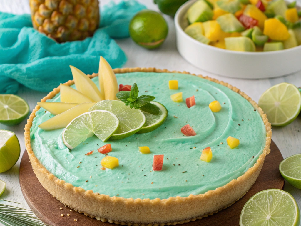 A turquoise Baja Blast Pie with whipped cream and lime zest in a graham cracker crust, served in a white ceramic dish.
